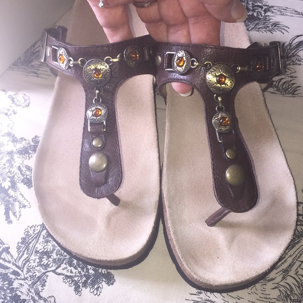 Bass Brown Leather Boho Jeweled Wedge Sandals “Apache” Sz 7 NWT